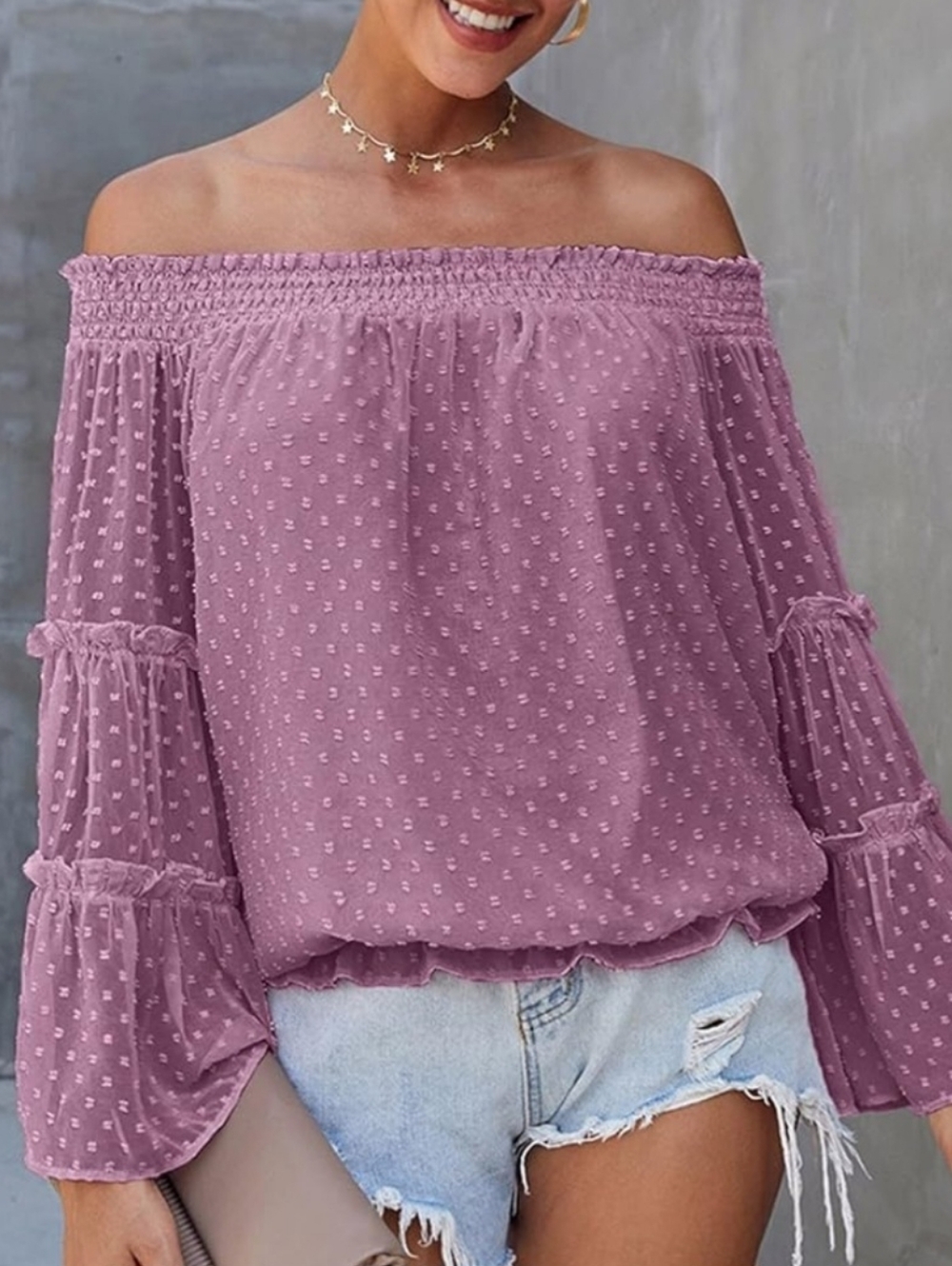 KIRUNDO Off-the-Shoulder Mauve Dot Peasant Blouse with Bell Sleeves Size Small